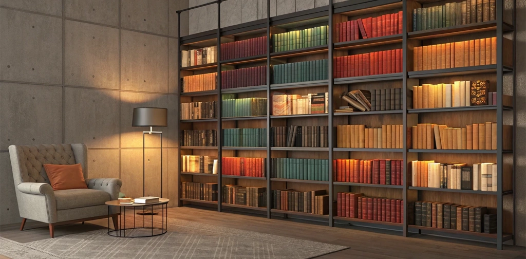 Стеллажи металлические с книгами на полках в интерьере - фото Стеллажин Стеллажи металлические с книгами на полках в интерьере - фото Стеллажин